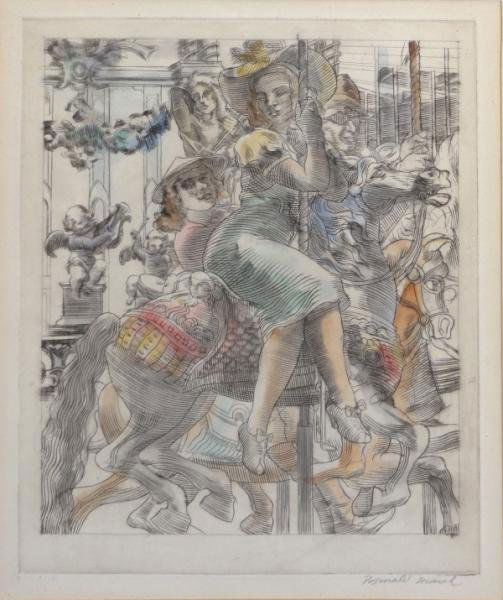 MARSH, Reginald. Hand Colored Engraving "Merry-Go-: Round." Pencil signed lower right. Reginald Marsh, American, 1898 - 1954. From the Rye, NY collection of Eloise Spaeth. Dimensions: plate - 9.75" high x 8" wide. Condition: Good, not examined out of f