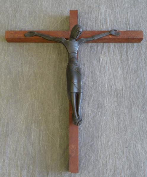 LAMBERT-RUCKI, Jean. Bronze & Wood Crucifix.: Signed on back of bronze. Jean Lambert-Rucki, French, 1888 - 1967. From the Rye, NY collection of Eloise Spaeth. Dimensions: overall - 21.5" high x 9" wide, bronze - 13" high x 13.5" wide. Condition: