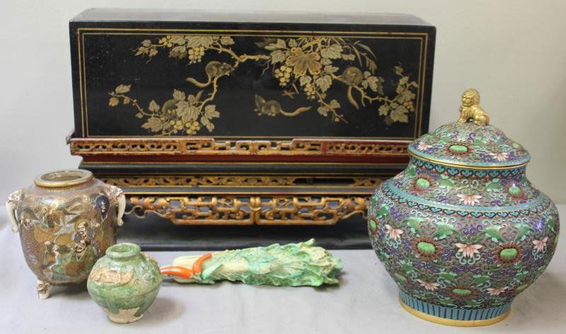 Asian Lot.: Includes a quality signed Satsuma vase, a vintage Japanese ivory vegetable with a cricket, a Chinese gilded and enamel urn with gilt foo dog finial, a Chinese gilded and lacquer box with fitted tray a