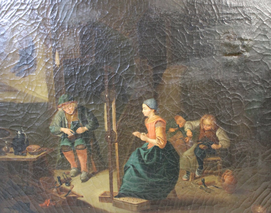 UNSIGNED Oil On Canvas.: Sewing. Oil on canvas, apparently unsigned. From a Westchester NY estate. - Dimensions: 16" x 20" & Framed 21" x 25"