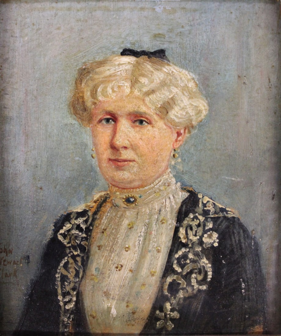 JOHN STEWART CLARK Signed Oil On Board: Miniature Portrait of a lady. Signed verso, oil on board. From a New Rochelle NY estate. - Dimensions: 4.25" x 3.5" & Framed 7" x 6"