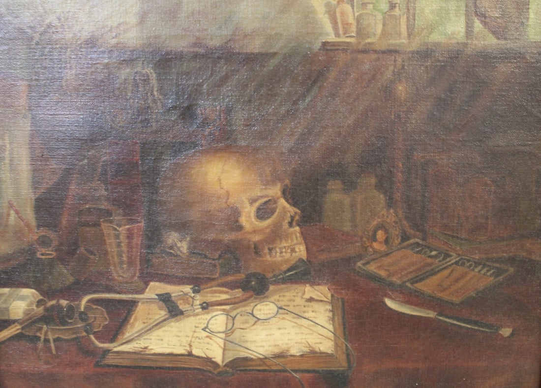 UNSIGNED Oil On Canvas.: Medical office. Unsigned, oil on canvas. From a Westchester NY estate. - Dimensions: 12" x 15" & Framed: 16" x 20"