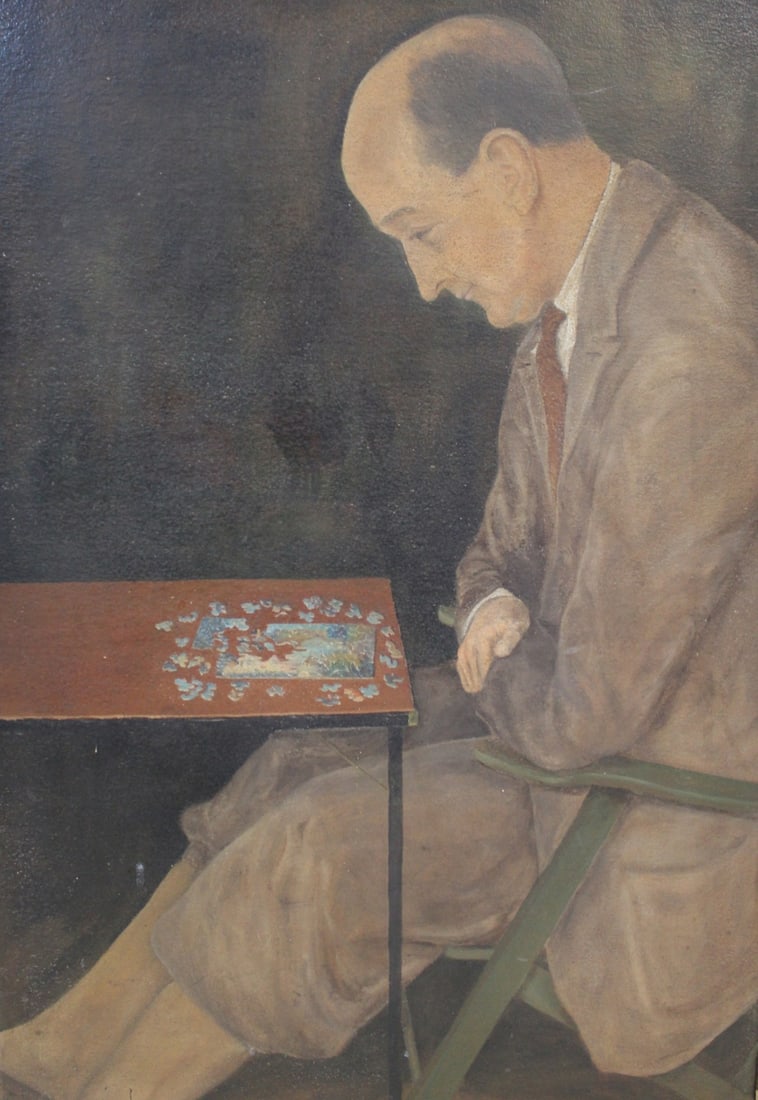 UNSIGNED Oil On Board American School.: Man playing game. Oil on board. From a Portchester NY estate. - Dimensions: 24" x 16" & Framed: 28" x 20"