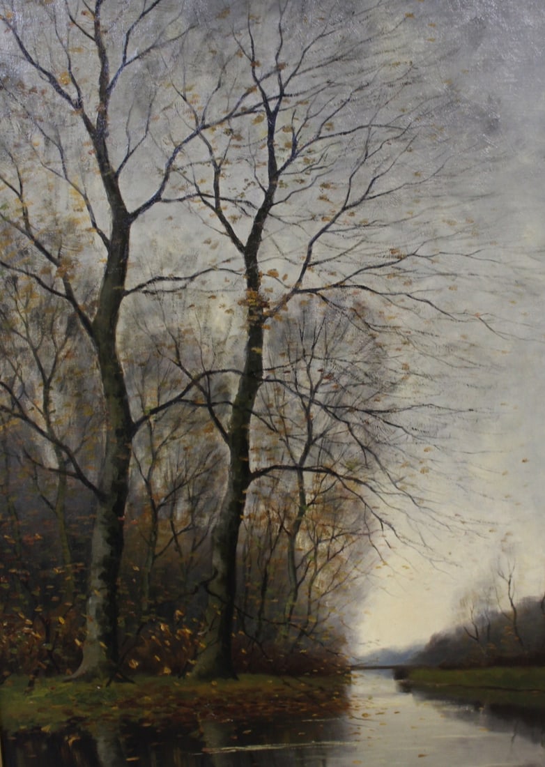 ILLEGIBLY Large Signed Oil On Canvas: Trees along a river. Oil on canvas, signed. From a Bay Shore LI estate. - Dimensions: 24" x 35" & Framed: 48" x 37"