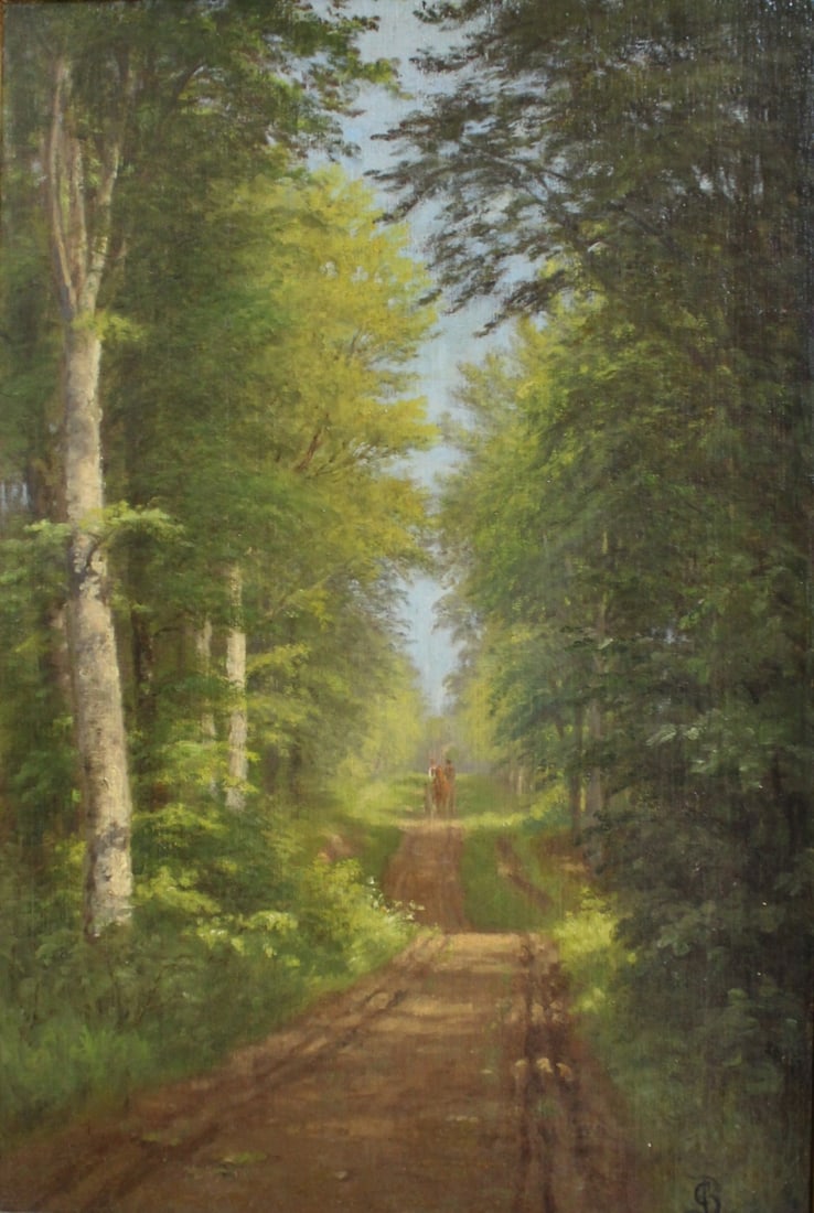 MONOGRAMMED Oil On Canvas: Rider in the forest, oil on canvas monogrammed. From a Mamaroneck NY estate. - Dimensions: 13" x 19" & Framed 18" x 25"