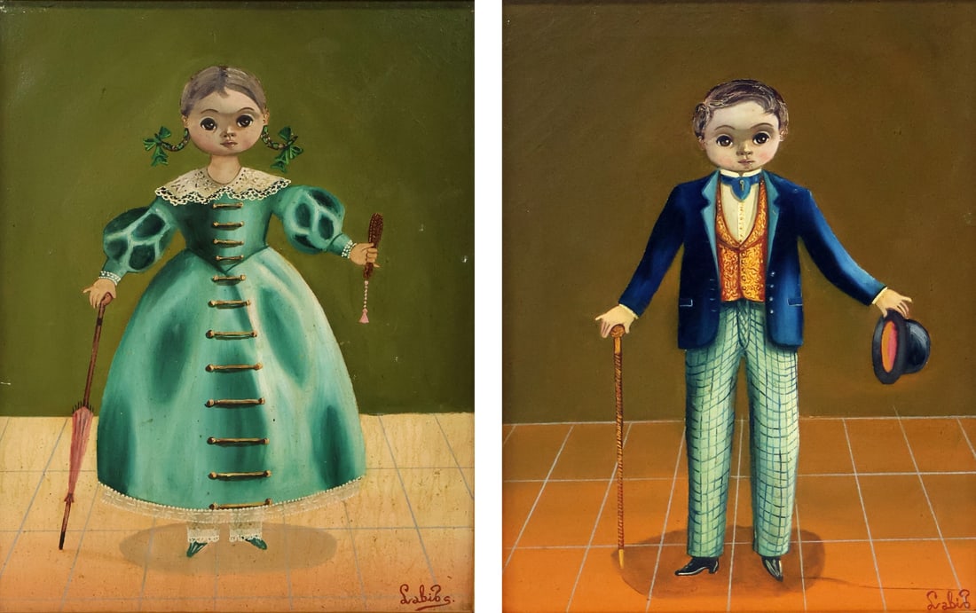 Agapito Labios (Mexican, 1898-1996): Pair of portraits. Oil on canvas. From a Bedford Hills NY estate. Dimensions: Girl: 16.5" x 12.5" & Framed 17.5" x 21" & Boy: 11.5" x 15.5" & Framed 15.75&quo