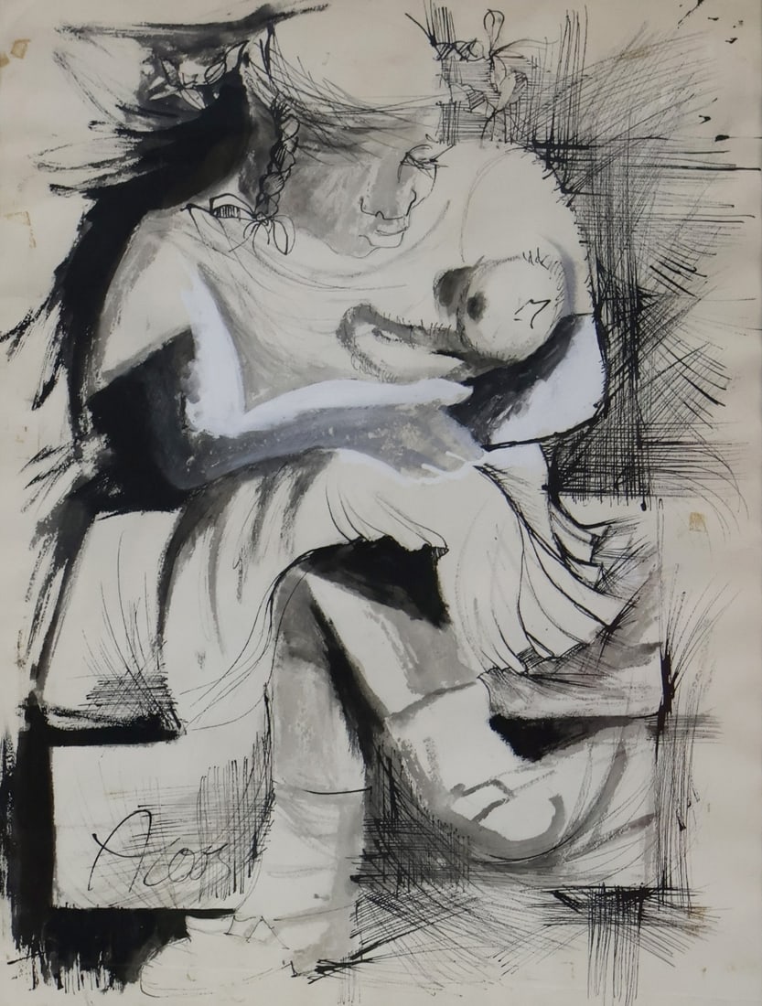 Illegibly Signed. Ink.: Woman holding a bear. - Dimensions: 18.5" x 25" & Framed 21" x 24"