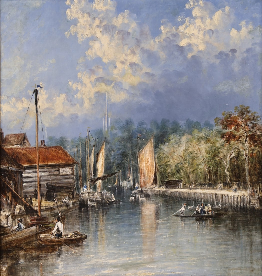 FOLLOWER OF JOHN CONSTABLE.: Harbour Scene. Oil on canvas. Inscribed signed and dated. Property from a Westport, CT estate. Dimensions: 29.5" h x 28" w. Frame: 34.5" h x 36.5" w.