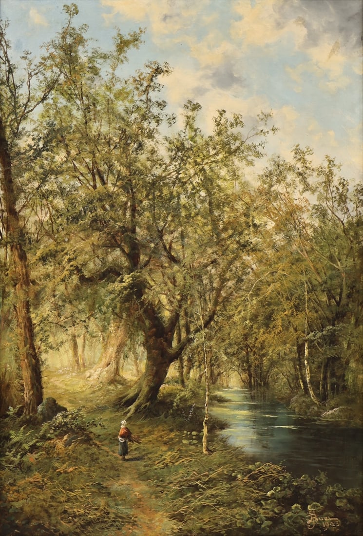 ILLEGIBLY SIGNED (FRENCH, 20TH CENTURY).: Woman Walking Near a Forest River. Oil on canvas. Signed and dated lower right. Property from a New Rochelle, NY collection. Dimensions: 30" h x 20" w. Frame: 40" h x 30" w.