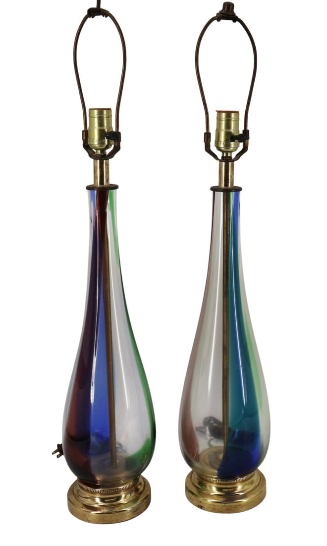 Midcentury Pair of Murano Glass Lamps.: Stylish shape with nice green coloring . From a Westport CT estate . - Dimensions: 18.5" to finial 28"