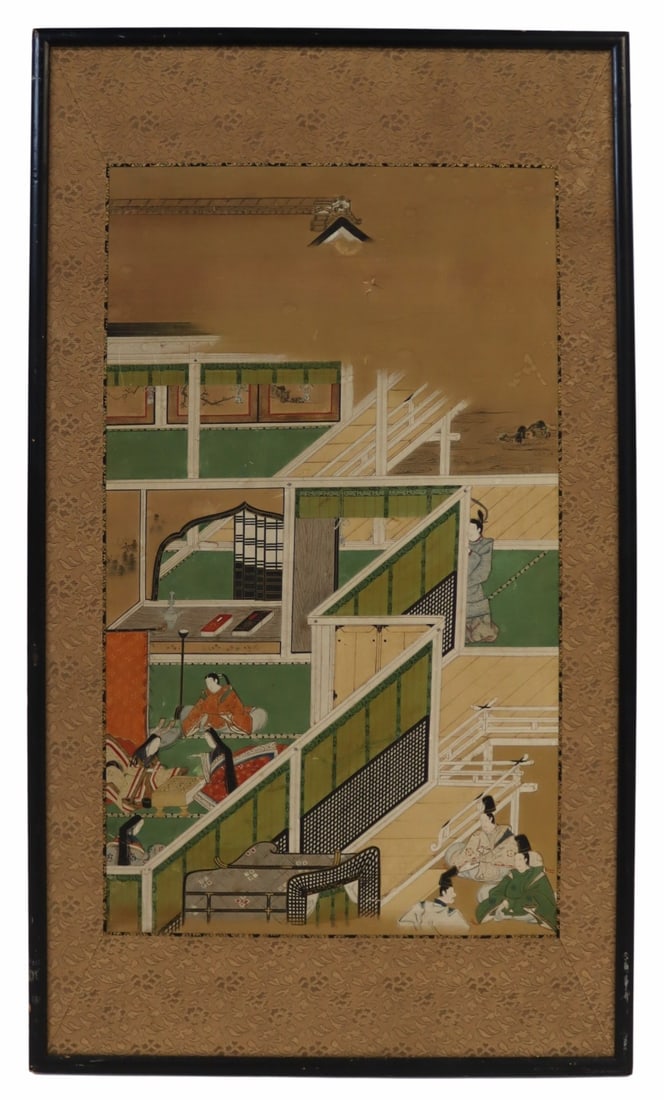 Ex-Sotheby's? Japanese Tale of Genji Panel.: With ex-Sotheby's New York label verso. From a E 72nd St, Manhattan estate. Dimensions: overall measurements of approx. 19.5" w x 34" h.