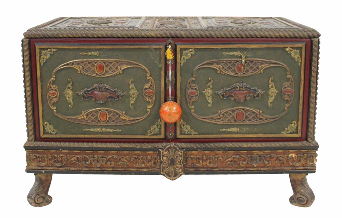 Antique Carved & Paint Decorated Trunk. (1 of 9)