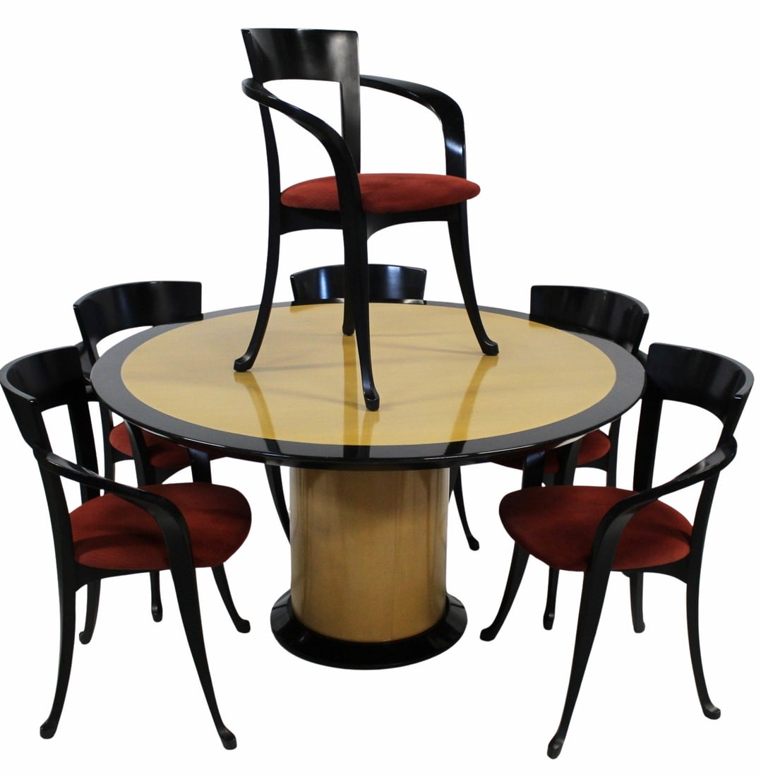 Vintage Banded Maple Table & 6 Ebonized Chairs.: Great patina on table (29" h x 54" d) and the chairs (32" h x 24.50" w x 19" d) with nice lines. From a Harrison, NY estate.