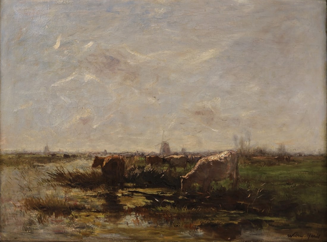 WILLEM MARIS (DUTCH, 1844-1910).: 'Cows with Windmills in the Distance'. Oil on canvas. Signed lower right. Property from a Scarsdale, NY collection. Dimensions: 21.5" h x 28" w. Frame: 33" h x 40" w.