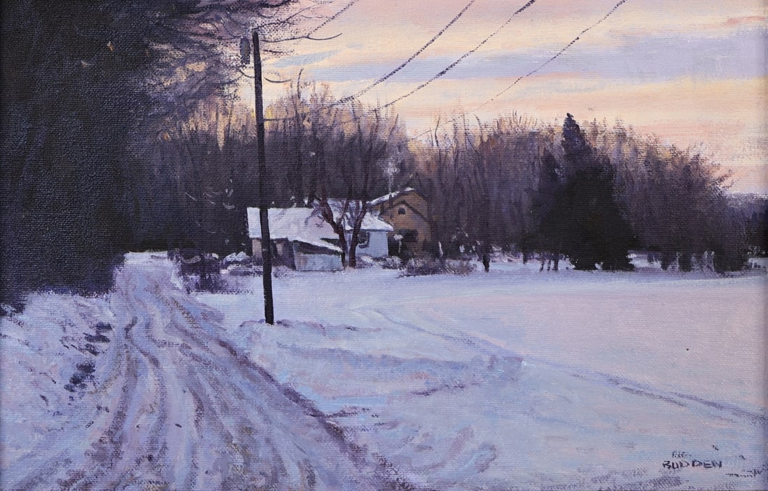MICHAEL BUDDEN (AMERICAN, B. 1957).: 'Winter Lane'. 2005. Oil on board. Signed lower right. Provenance: Salmagundi Club, NYC. Property from a Valley Cottage, NY collection. Dimensions: 8.25" h x 12" w. Frame: 11.75" h x 15