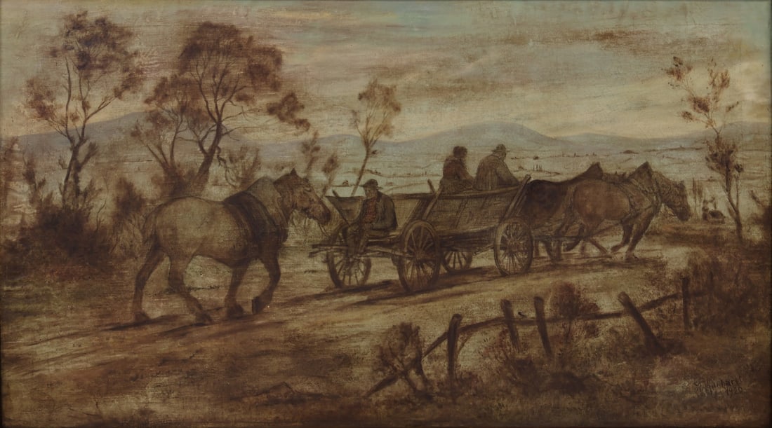 ILLEGIBLY SIGNED (NETHERLANDISH, 20TH CENTURY).: 'Weary Travelers on a Road'. 1920. Oil on canvas. Signed and dated lower right. Property from a Scarsdale, NY collection. Dimensions: 26.75" h x 46.75" w. Frame: 31.75" h x 51.75" 