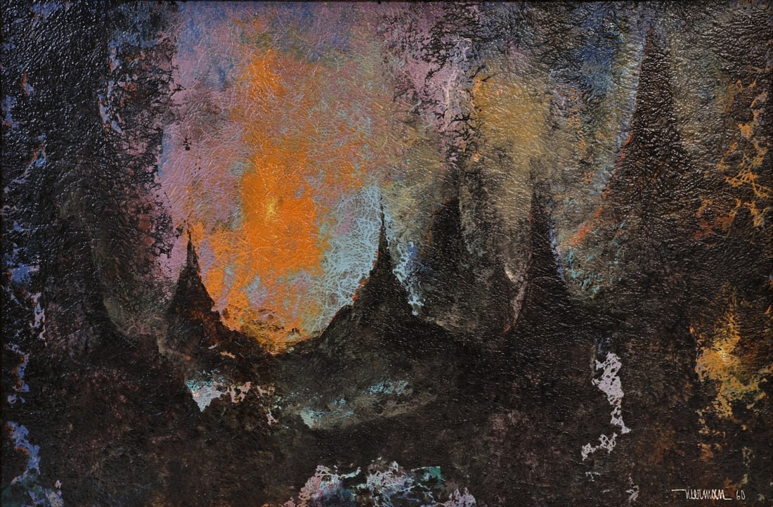 LEONARDO NIERMAN (MEXICAN, 1923-2023).: 'Untitled' (Fire landscape). 1960. Acrylic on masonite. Signed and dated lower right. Property from a Cortlandt Manor, NY estate. Dimensions: 16.625" h x 24.625 " w. Frame: 18.25" h x 2