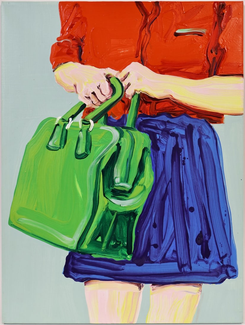 CORNELIUS VOLKER (GERMAN, B.1965).: 'Handbags'. Oil on canvas, 1999. Verso: Signed and dated on canvas. Label affixed to verso from Tate, w.14th Street, New York. Property from a Rye, NY collection. Dimensions: 31" h x 23.5" w