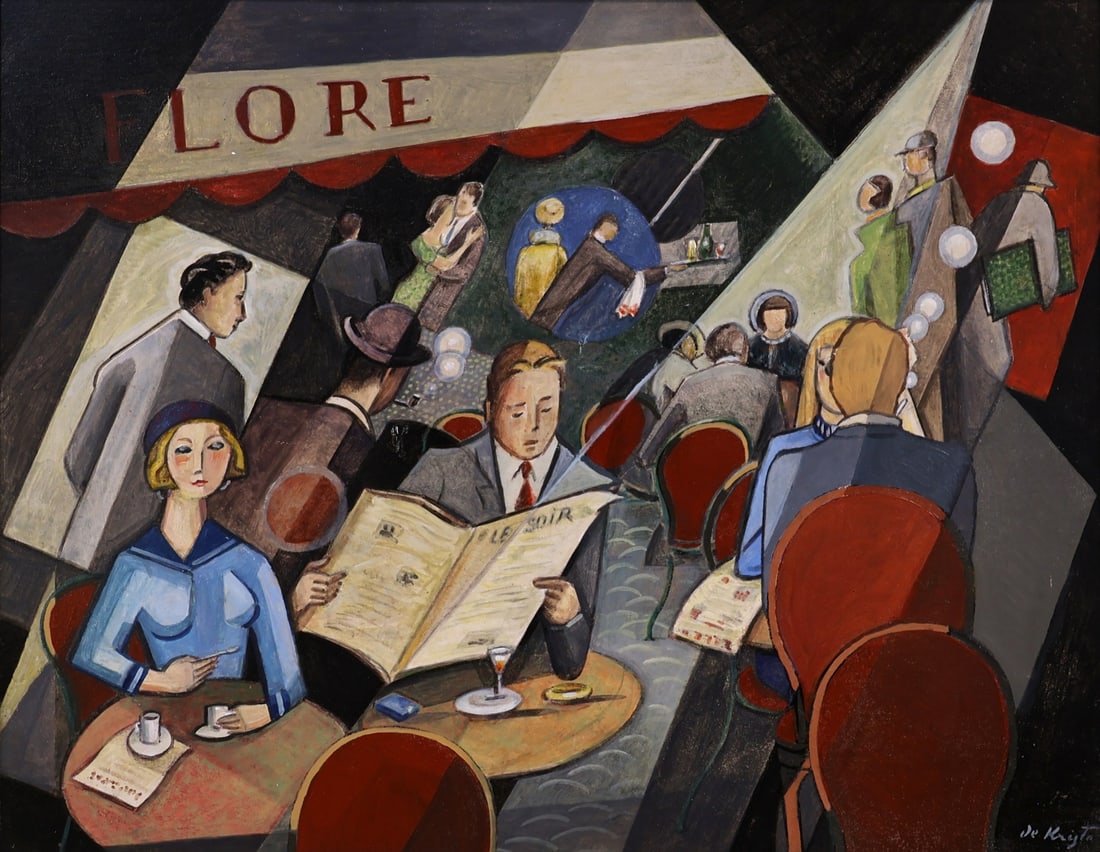 BELA DE KRISTO (HUNGARIAN - FRENCH, 1920-2006).: 'Cafe de Flore'. Oil on panel. Signed lower right. Provenance: Alexander Kahan Fine Arts, NYC . Property from a Rye, NY collection. Dimensions: 19.5" h x 25" w. Frame: 27" h x 32.75&quo