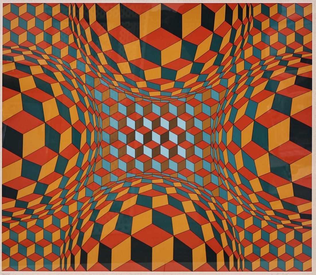 VICTOR VASARELY (HUNGARIAN - FRENCH, 1906-1997).: 'Oeuvre Vert et Orange' (Green and Orange Work). 1980. Screenprint in colors. Signed and numbered '104/250' lower margins in pencil. Property of a White Plains, NY collection. Dimensions: Sight: 25.25
