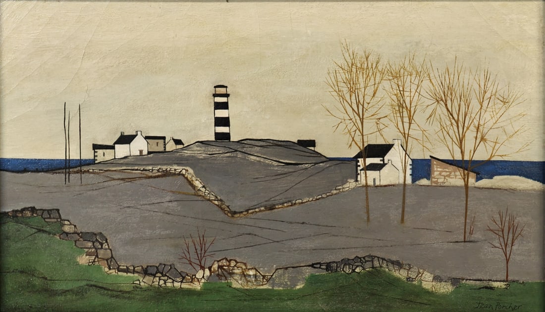 JEAN PORCHER (FRENCH, b. 1927).: 'L'ile d'Ouessant' (The Island of Ouessant). 1955. Oil on canvas. Signed lower right. Verso: titled, dated, and signed. Property from a Rye, NY collection. Dimensions: 10.75" h x 18" w. Fram