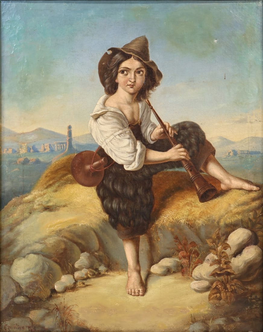 ILLEGIBLY SIGNED (19TH CENTURY).: A Shepherd Boy in the Campania'. 1861 Oil on canvas. Signed and dated lower left. Property of a Port Washington, NY estate. Dimensions: 20.50" h x 16.25" w. Frame: 26.25" h x 22.125&quo