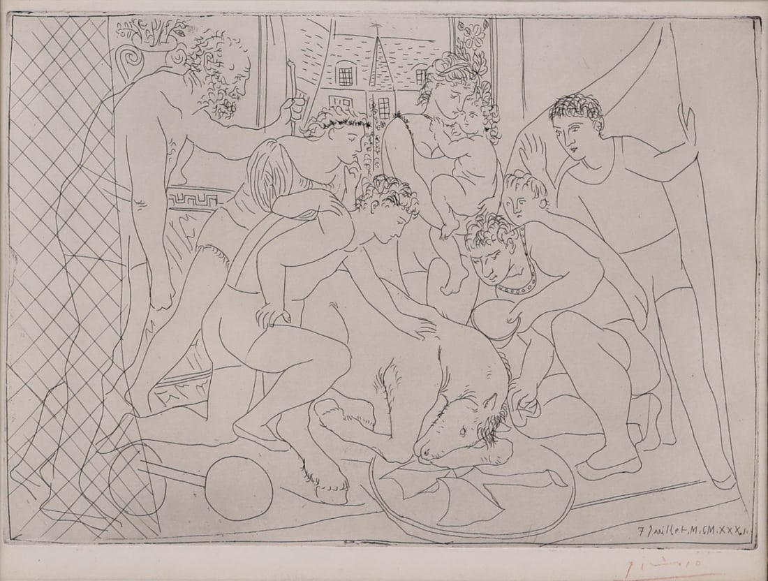 PABLO PICASSO (SPANISH, 1881-1973).: 'Cheval Mourant Entoure D'Une Famille de Saltimbanques' (Dying Horse Surrounded by a Family of Acrobats) (Baer 235). 1931, printed circa 1947. Etching printed with tone on woven paper. Signed lower ri