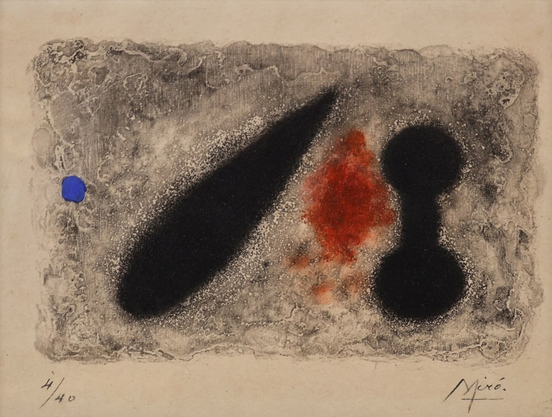 JOAN MIRO (SPANISH, 1893-1983).: 'Nous Avons'. (We Have). 1959. Etching and aquatint in colors. Signed and numbered '4/40' lower margins in pencil. Property from a NYC collection. Dimensions: Sight: 4.5" h x 6.5" w. Frame: 
