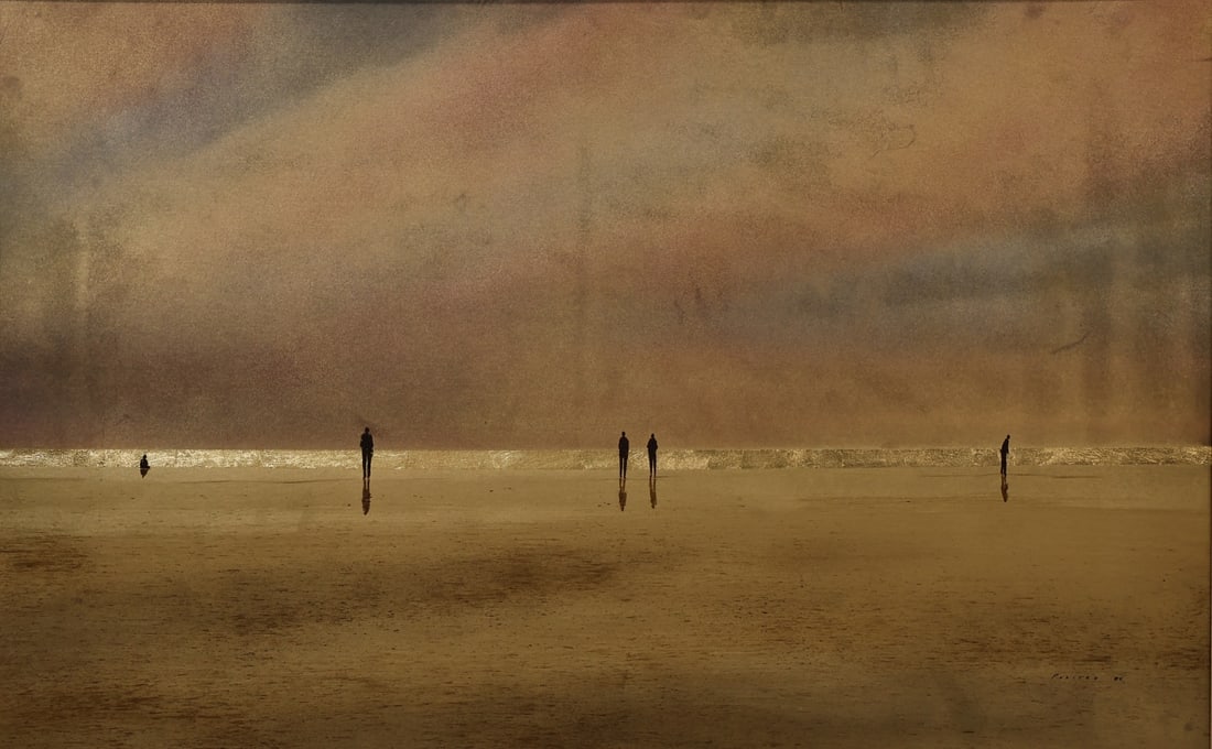 PETER POLITES (AMERICAN, b. 1948).: 'Flowers on Beach'. 1985. Mixed media with gold foil on paper. Signed and dated lower right. Property of a Old Greenwich, CT collection. Dimensions: Sight: 26.75" h x 42.25" w. Frame: 37&quo