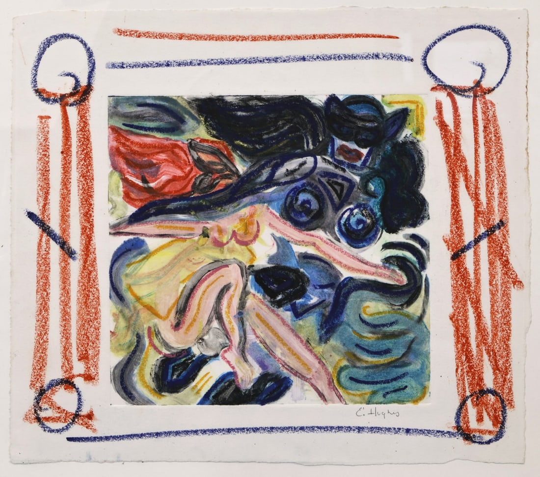 EDWARD E. HUGHES (AFRICAN-AMERICAN, 1940-2017).: 'Untitled' (Figures). Mixed media on paper. Signed lower right. Property of a Old Greenwich, CT collection. Dimensions: 13.50" x 15" w. Frame: 16.25" h x 17.25" w.