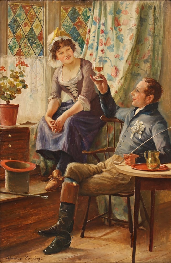DELAPOER DOWNING (BRITISH, 1853-1926).: 'Toasting the Barmaid'. Oil on canvas. Signed lower left. Property of a Monticello, NY estate. Dimensions: 30" h x 20" w. Frame: 36.25" h x 26.25" w.