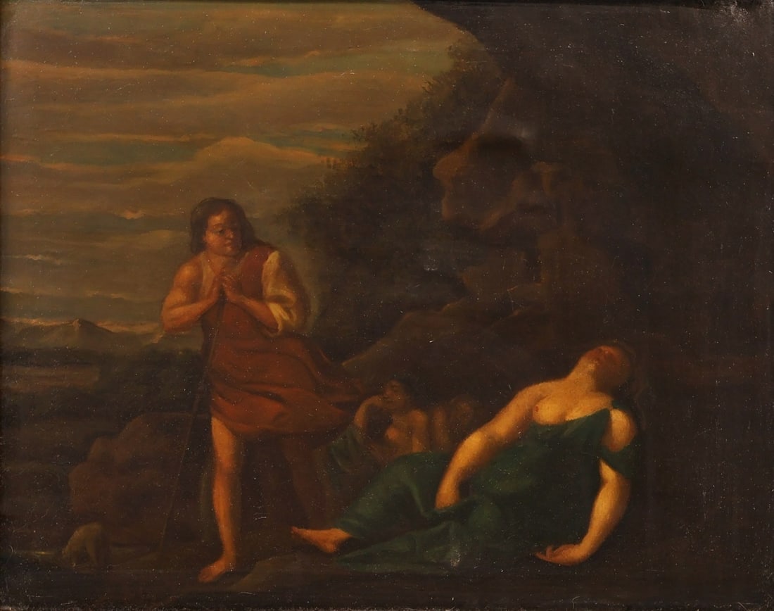 CORNELIS VAN POELENBURGH (MANNER OF) (1594-1667).: 'Sleeping Nymphs Discovered by a Shepherd'. Oil on Panel. Property of a Yonkers, NY estate. Dimensions: 10.50" h x 13.50" w. Frame: 17.75" h x 20.50" w.