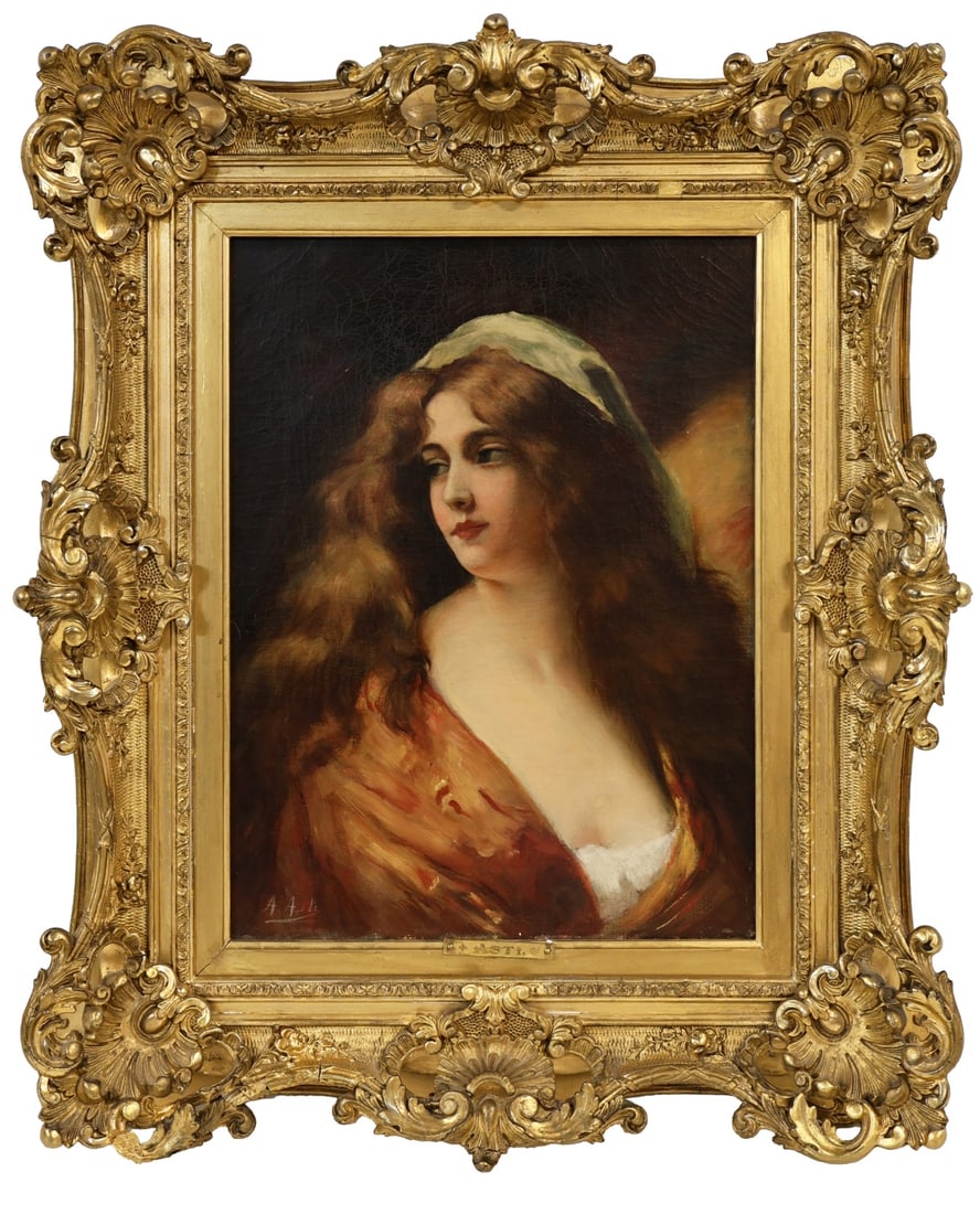 ANGELO ASTI (ITALIAN / FRENCH, 1847-1903).: Portrait of a Female Beauty. Oil on canvas. Signed lower left. Property from a Rye, NY collection. Dimensions: 16" h x 12" w. Frame: 23.75" h x 20.5" w.