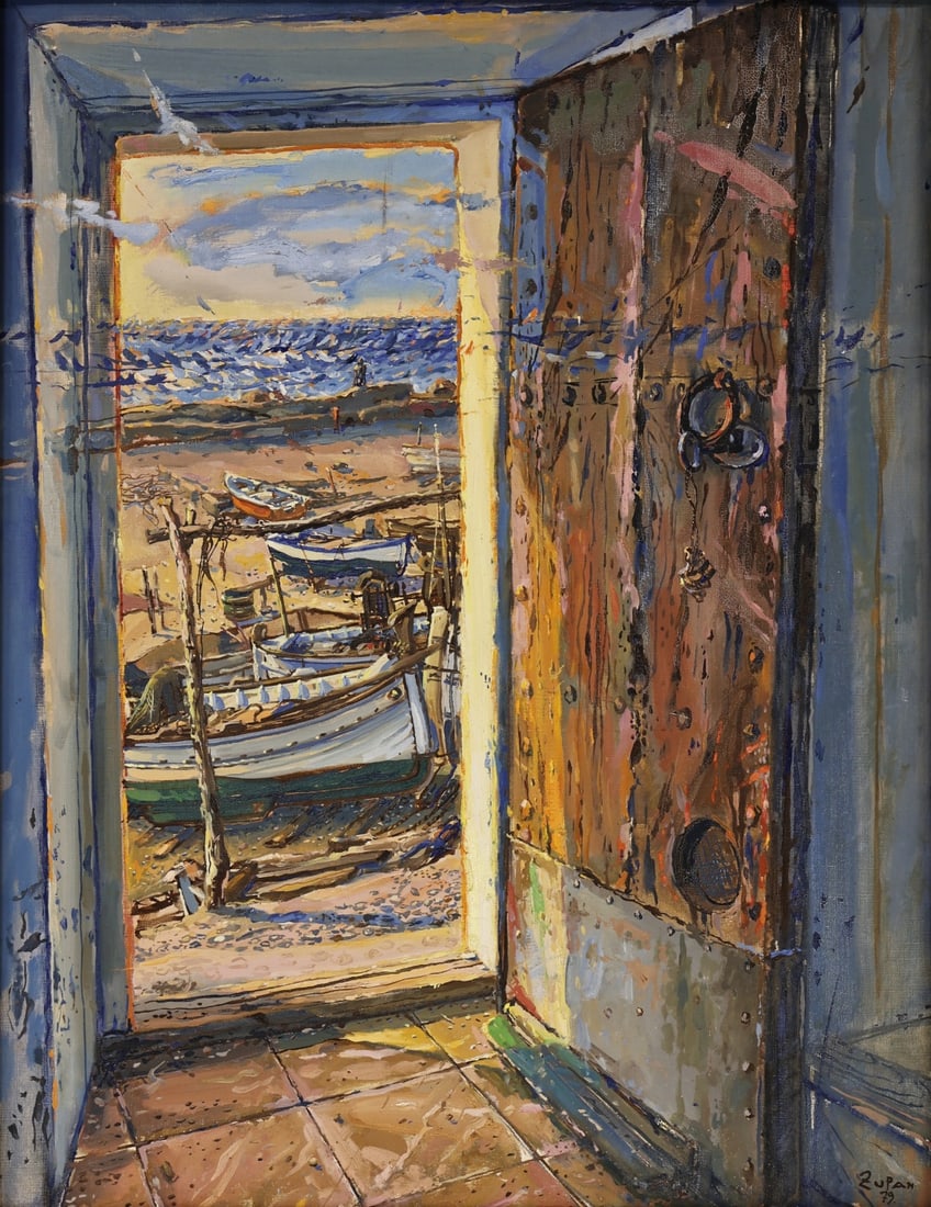 BRUNO STERN ZUPAN (SLOVENIAN / AMERICAN, b. 1939).: 'Doorway with Beached Boats'. 1979. Oil on canvas. Signed and dated lower right. Property of a West End Ave. Manhattan, NYC estate. Dimensions: 45.50" h x 35" w. Frame: 46.50" h x 36.25