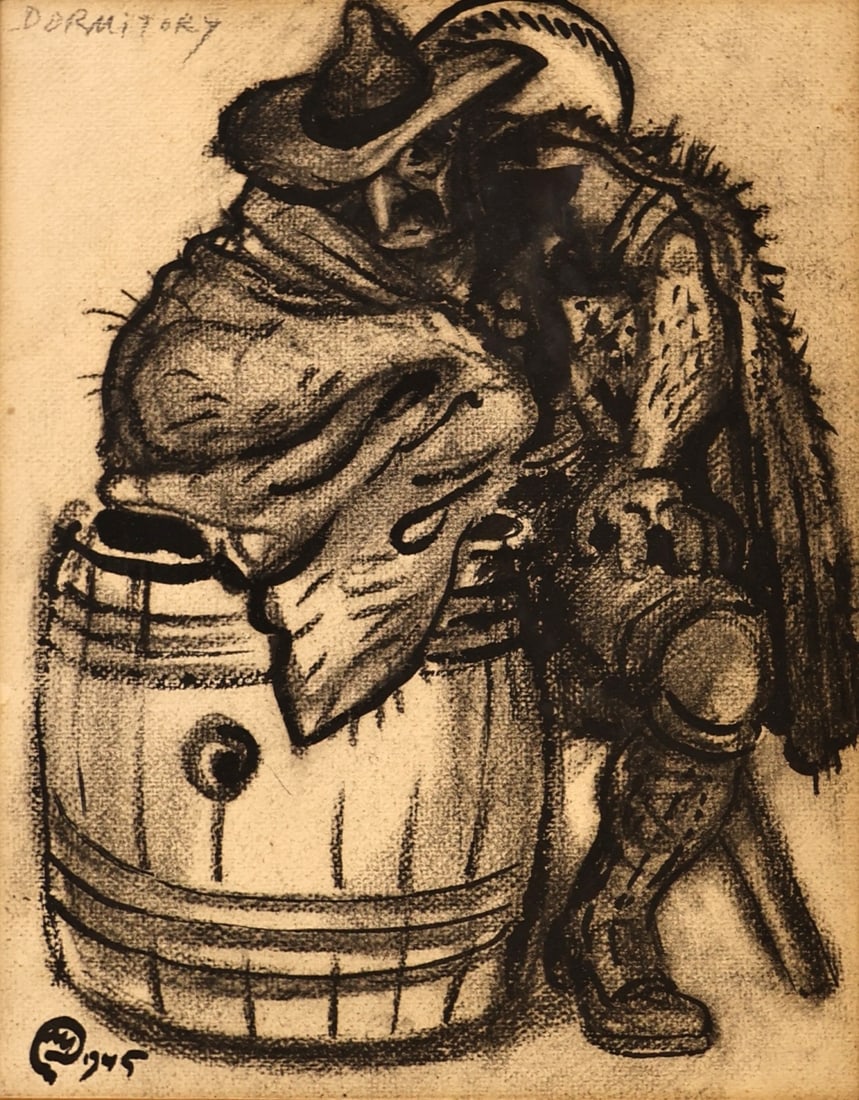 MSTISLAV DOBUZHINSKY (RUSSIAN, 1875-1957).: 'Cavalier Figure Sitting at a Barrel'. 1945. Mixed media charcoal and ink. Signed and dated lower left. Inscribed upper left. Property of a West End Ave. Manhattan, NYC estate. Dimensions: Sight: 11.3