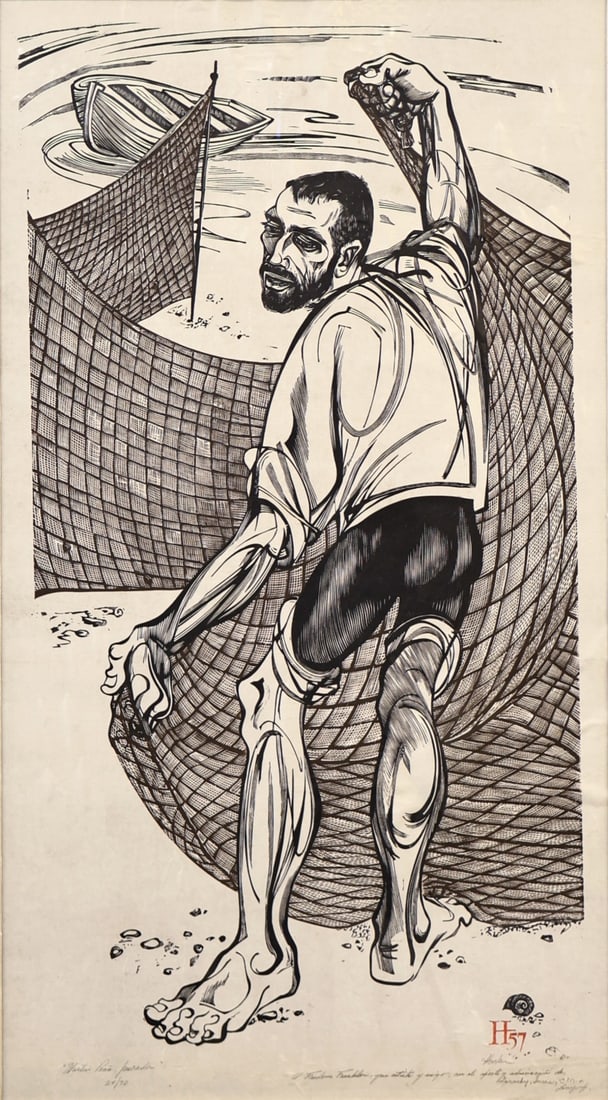 LORENZO HOMAR (PUERTO RICAN, 1913-2004).: 'Martin Pena, Pescador' (Martin Pena, Fisherman). 1957. Woodcut on paper. Signed and dated in plate. Signed , numbered '24/30' and inscribed dedication to Frederic Franklin lower margins in pencil. No
