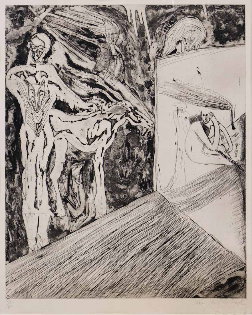 MIMMO PALADINO (ITALIAN, b. 1948).: 'Gli Animali Avanzano (The Animals are Advancing). 1982. Etching on Hahnemuhke. Signed and numbered '38/60' lower margins in pencil. Published by Schellman & Kluser, Munich. Printed by Grafico Uno