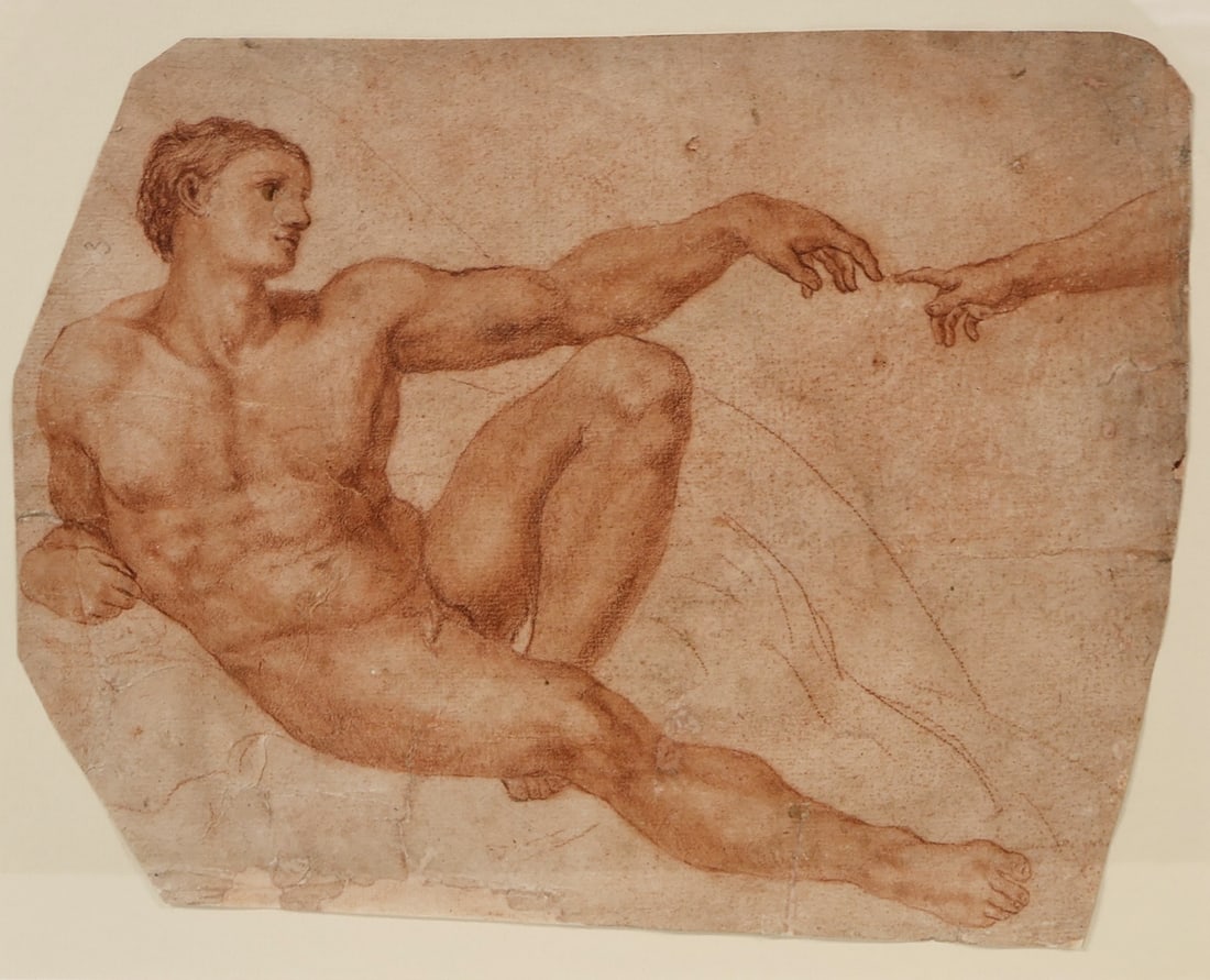 MICHELANGELO BUONARROTI (AFTER) (1475-1564).: 'The Creation of Adam' (from the Sistine Chapel, Vatican, Rome). Sanguine chalk. Provenance: The estate of an Art Historian, Westwood, MA. Property of a Greenwich, CT collection. Dimensions: Sheet: 11