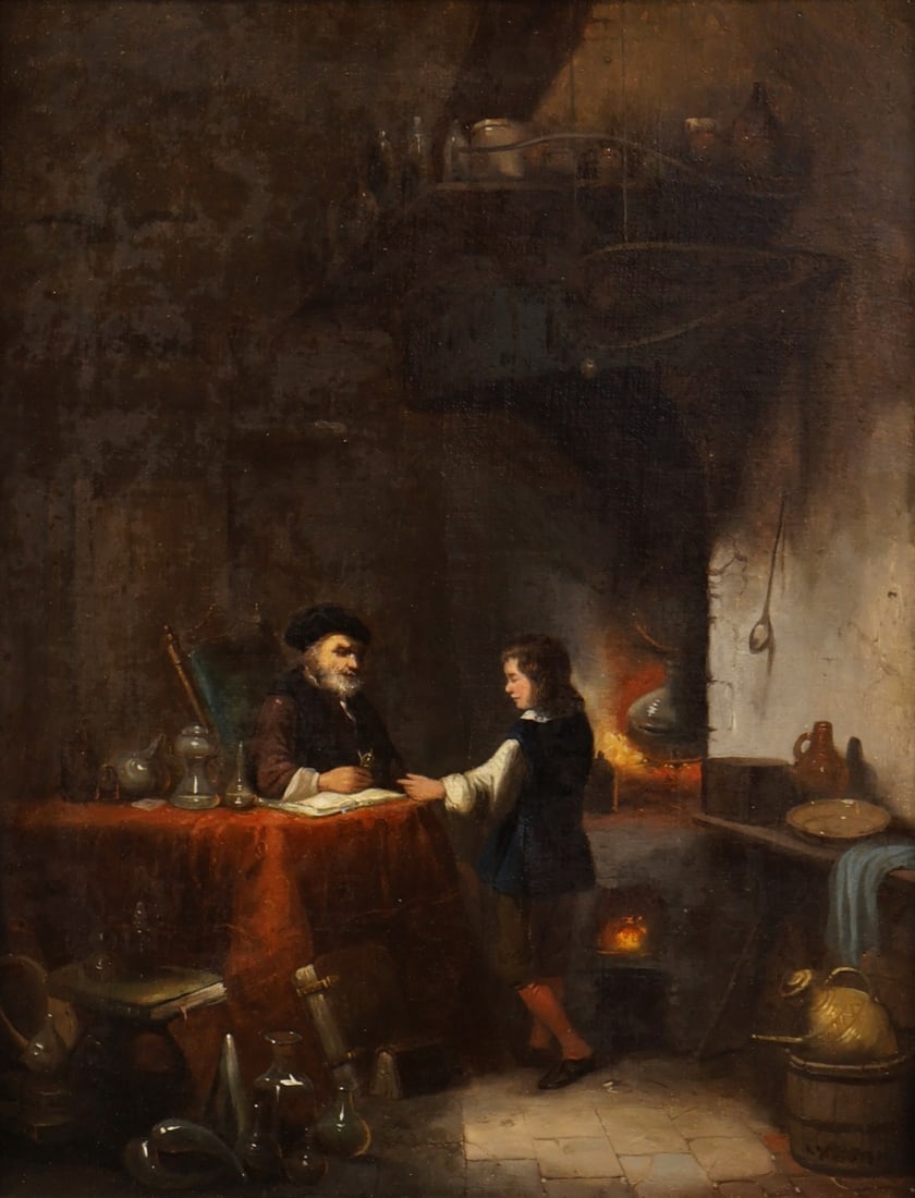 ILLEGIBLY SIGNED (DUTCH, 19TH CENTURY).: 'The Alchemist and his Student' Oil on canvas. Illegibly signed lower right. Property of a Greenwich, CT collection. Dimensions: 17.125" h x 13" w. Frame: 24" h x 20" w.