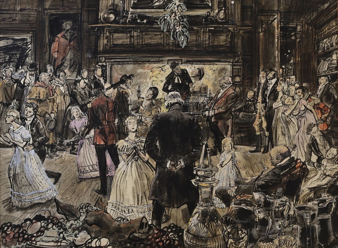 ROBERT FAWCETT (AMERICAN, 1903-1967).: 'An Illustration for a Christmas Celebration'. Mixed media on paper. Acquired by the Parent's of consignor from the artist. Property of a Cos Cob, CT estate. Dimensions: Sight: 12" h x 16.25"