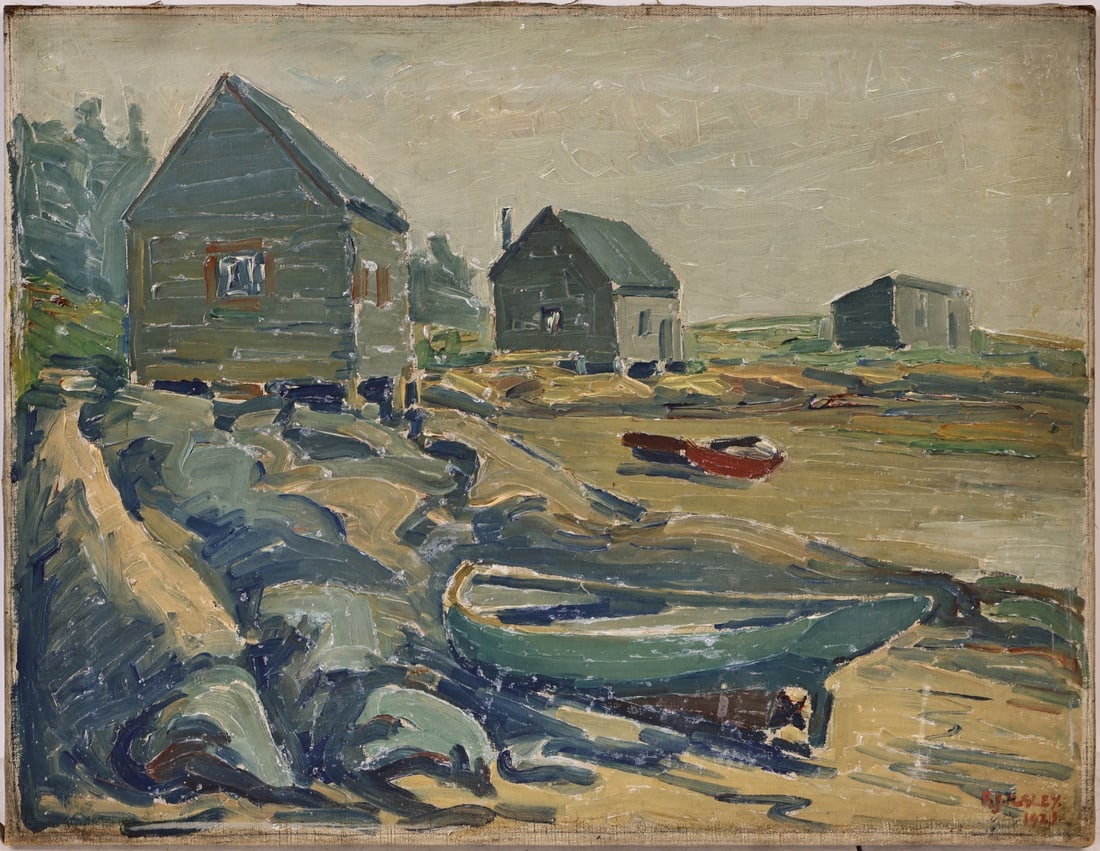 FREDERICK JULIAN ILSLEY (AMERICAN, 1855-1933).: 'Fisherman Cottages with Beached Boats' 1921. Oil on canvas. Signed and dated lower right. Property of a Bronx, NYC estate. Dimensions: 17.125" h x 22" w. (unframed).