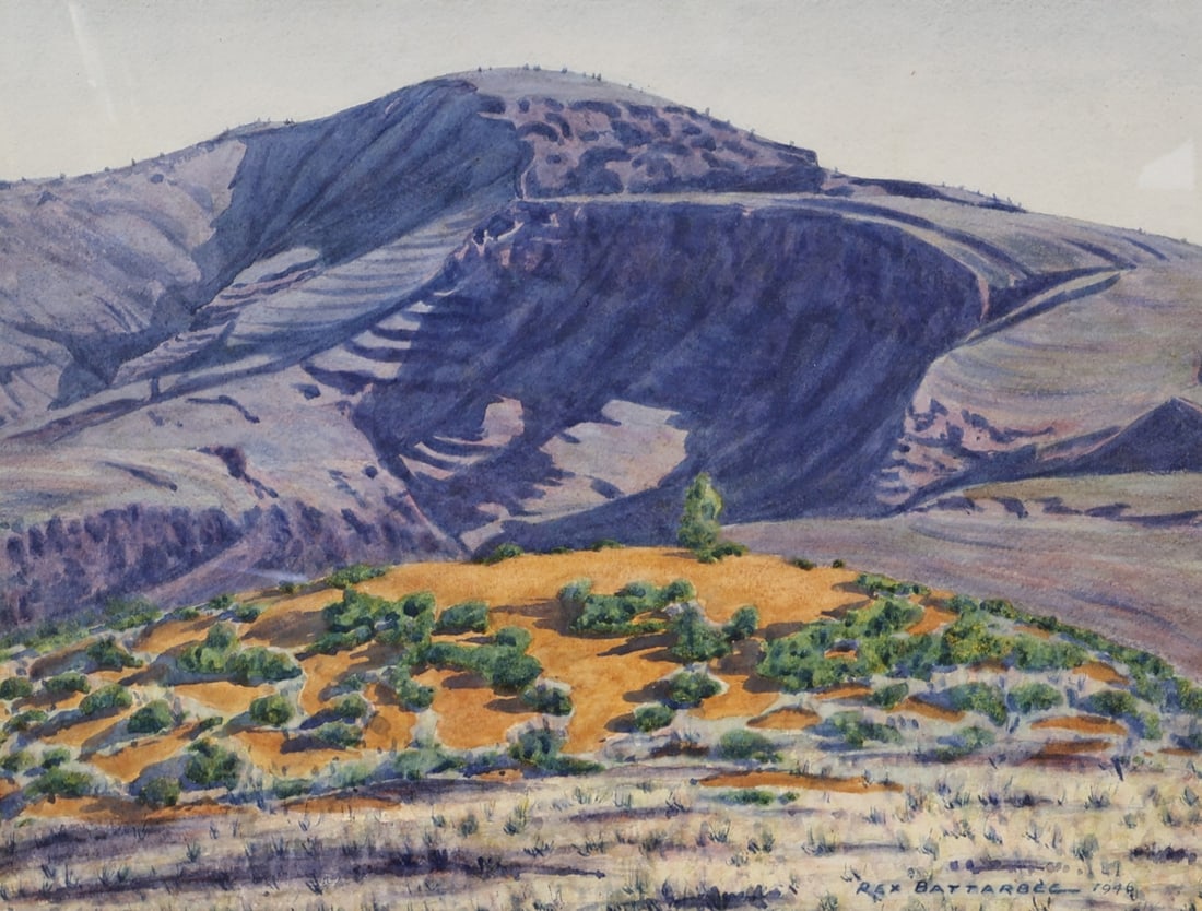 REX BATTARBEE (AUSTRALIAN, 1893-1969).: 'Mount Hermannsburg'. 1946. Watercolor. Signed and dated lower right. Property of a Greenwich, CT collection. Dimensions: Sight: 14.50" h x 19" w. Frame: 25" h x 29" w.