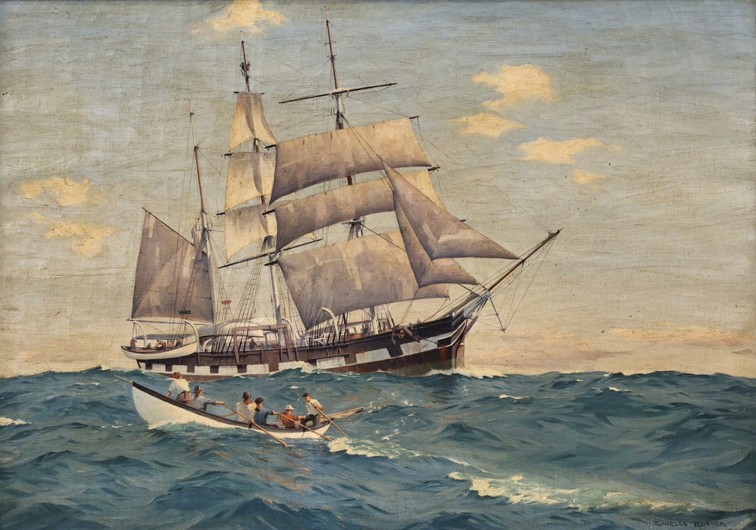 CHARLES ROSNER (GERMAN-AMERICAN, 1894-1975).: American Whaling Bark 'Charles W. Morgan' Lowering Boats. Oil on canvas. Signed lower right. Verso: title and artist on canvas. Note: 'Charles W. Morgan' is an American whaling ship built in 1841 that