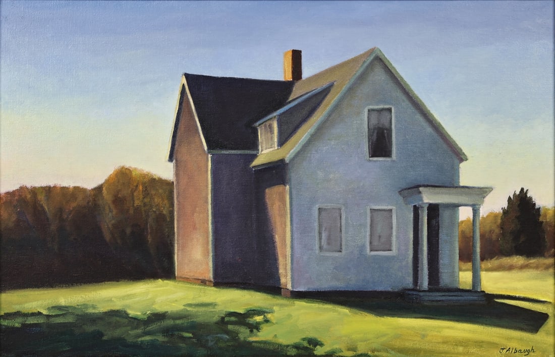 JOAN ALBAUGH (AMERICAN, b. 1958).: 'House with Shadows'. Oil on board. Signed lower right. Note: Albaugh studied at the School of the Museum of Fine Arts, Boston and Tufts University. She lives and exhibits on Nantucket, MA . Albaugh i