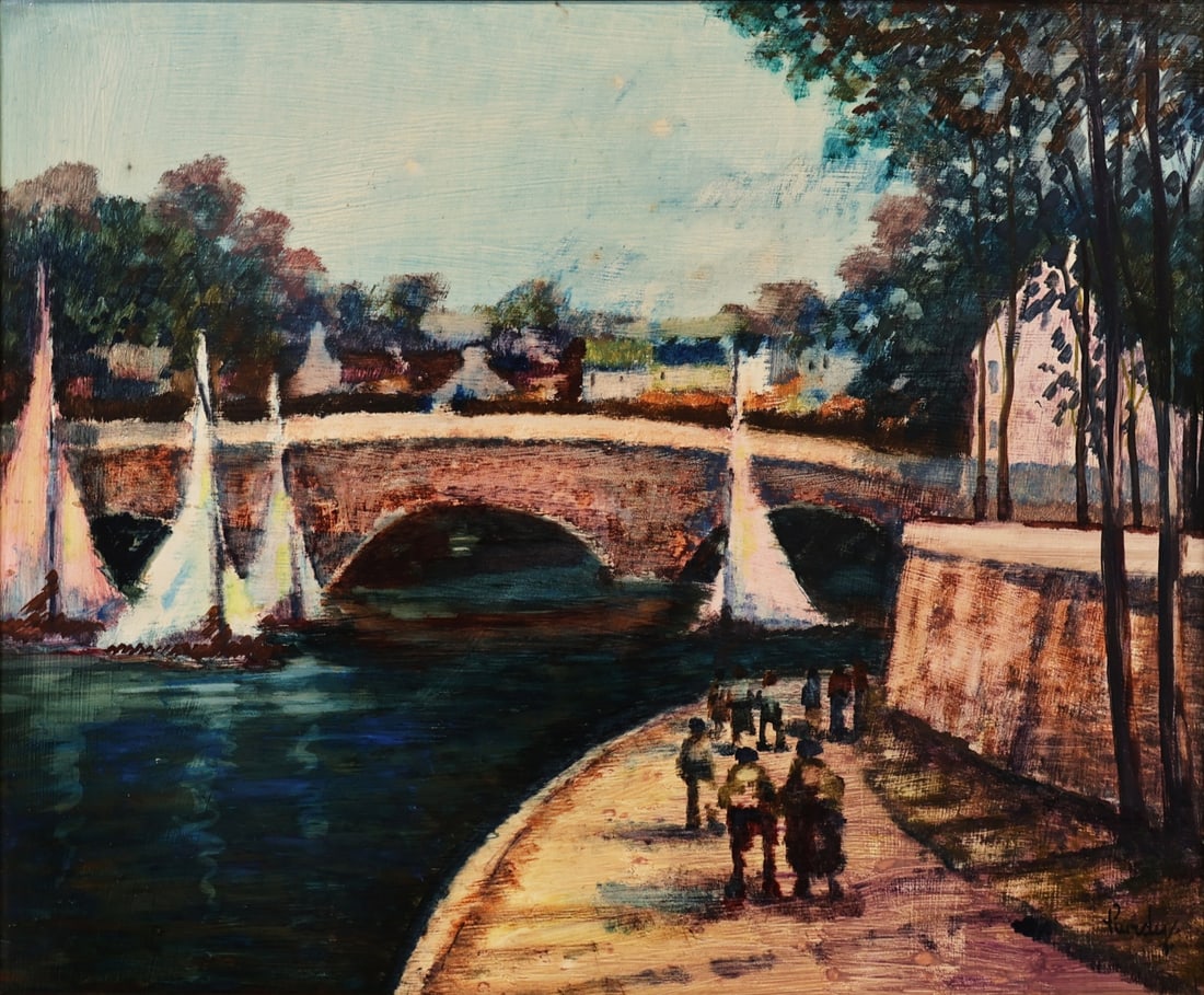 DONALD ROY PURDY (AMERICAN, 1924-2016).: 'A River Pathway with Sail Boats and a Bridge'. Oil on masonite. Signed lower right. Property from a Rye, NY collection. Dimensions: 20.25" h x 24.125" w. Frame: 25" h x 29" w.