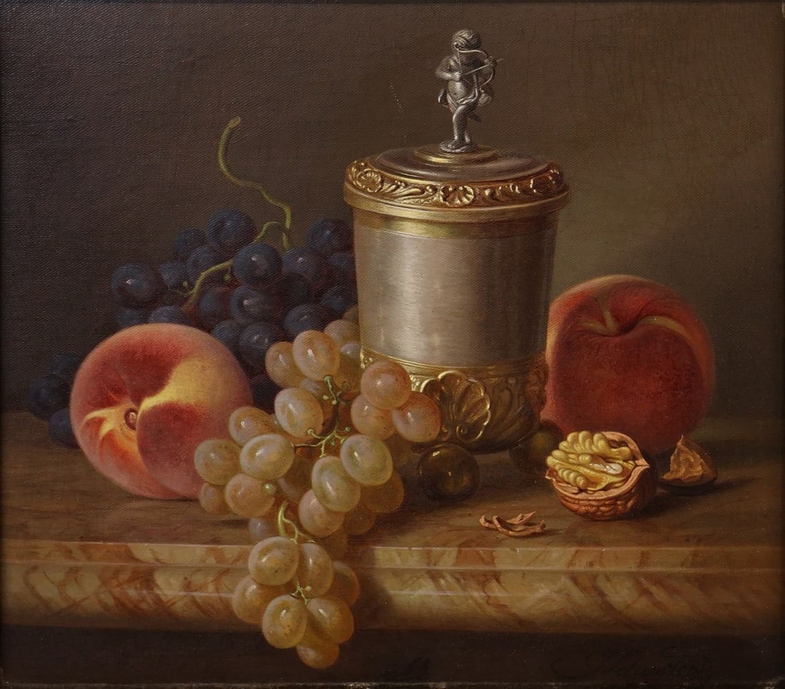 JOSEF SCHUSTER (AUSTRIAN, 1812-1890).: 'Still-Life with Silver Lidded Beaker and Fruit on a Ledge'. Oil on canvas. Signed lower right. Property of a Scarsdale, NY estate. Dimensions: 12.50" h x 14.125" w. Frame: 20 "h x 21.5