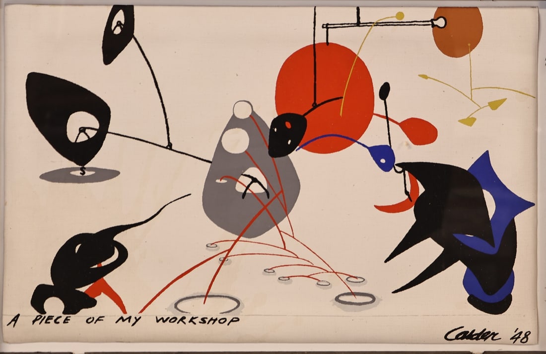 ALEXANDER CALDER (AFTER) (1898-1976).: 'A Piece of My Workshop'. 1948. Screenprint in colors on canvas. Signed and dated lower right in plate. Titled lower left in plate. Note: from Mural Scrolls: Calder, Matisse, Matta, Miró, publi