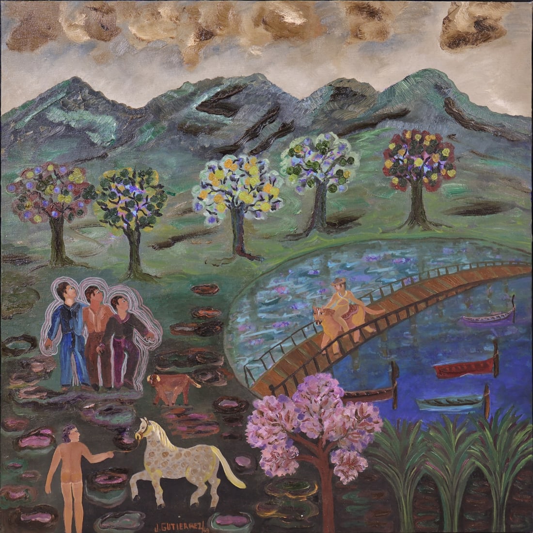 JUDITH GUTIERREZ (ECUADORIAN, 1927-2003).: 'Los Hombres que Conversan con alas Nubes' (The Men Who Converse with the Clouds). 1969. Oil on linen. Signed and dated lower left middle. Verso: Inscribed artist, title, materials, and size on canvas