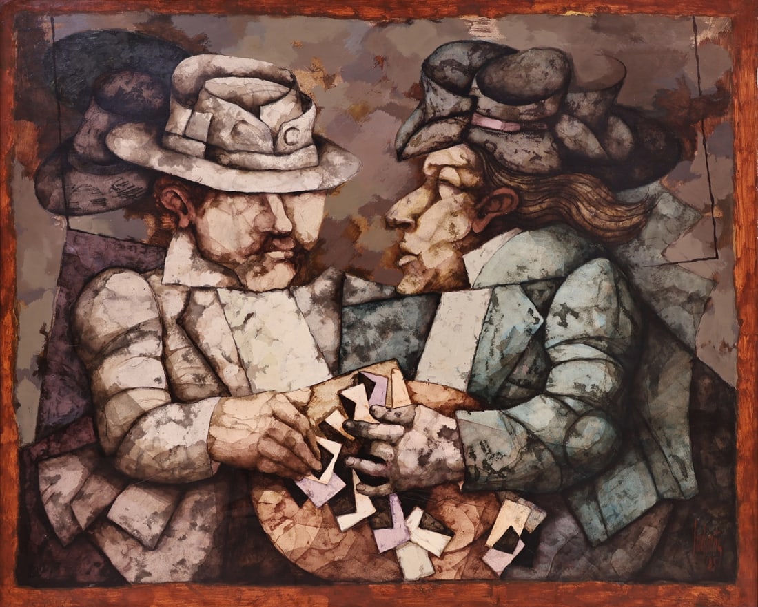 JORGE LUDUENA (ARGENTINE, 1927-1999).: 'Two Figures Playing Cards'. 1985. Oil on canvas. Signed and dated lower right. Property from a New Hyde Park, NY estate. Dimensions: 32" h 39.375" w. Frame: 39.50" h x 46.75" w.