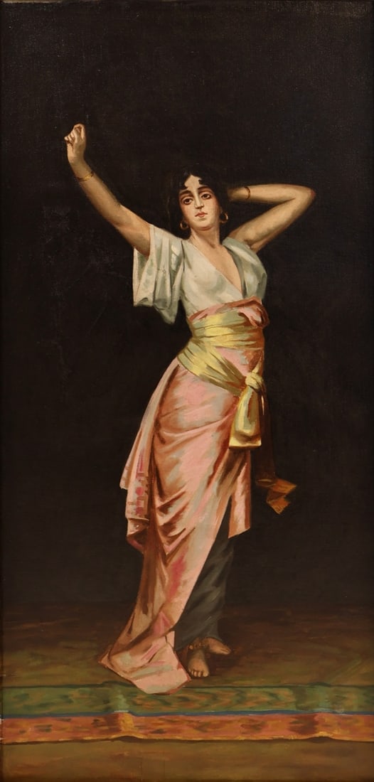 CONTINENTAL SCHOOL(19TH/20TH CENTURY).: 'A Harem Dancer'. Oil on canvas. Property from a Manhattan, NYC estate. Dimensions: 37.50" H X 18.25" W. Frame: 48.75" h x 29.375" w.